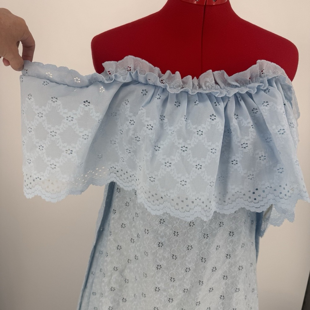 VTG 70s Peasant Dress Peanuts of California Baby Blue Eyelet Off Shoulder S - Picture 2 of 9